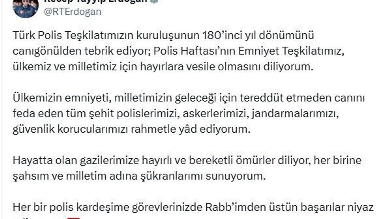 Cumhurbaşkanı Erdoğan, Polis Teşkilatı’nın 180’inci yılını kutladı