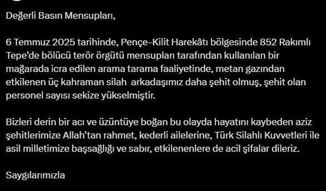 Metan gazından etkilenen 3 asker daha şehit oldu