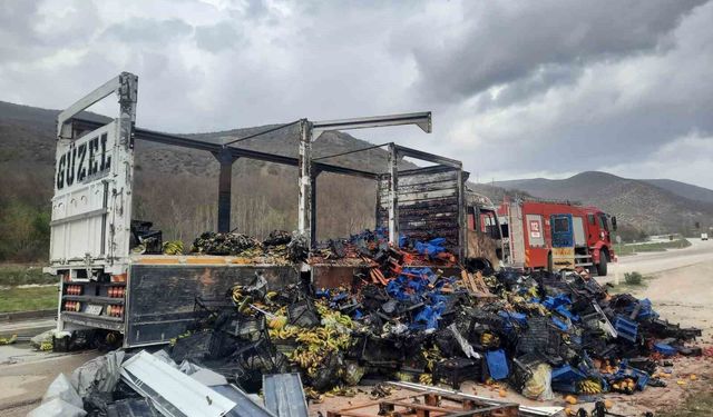 Tokat'ta çilek yüklü kamyon yandı