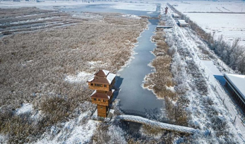 Yüzeyi buz tutan Kaz gölü kış manzarası ile mest etti