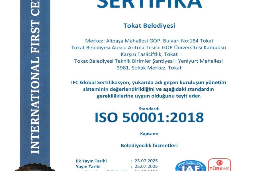 Tokat Belediyesi ISO 50001:2018 Sertifikasını Aldı